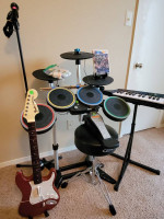 Complete Nintendo Wii Rockband 3 Guitar Drums Keytar Mic Video Game Set