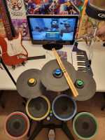 Complete Nintendo Wii Rockband 3 Guitar Drums Keytar Mic Video Game Set