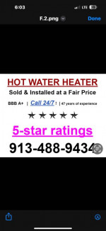 Hot water heater includes Install call 24/7 913-488-9434