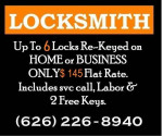 LOCKSMITH..$145.. SPECIAL!!! 626-226-8940