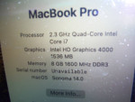 Apple Macbook Pro 15" Retina Intel i7 @2.3Ghz 8GB 256G Sonoma