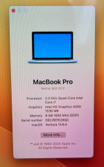 Apple MacBook Pro Retina 15-inch August 2012 2.3GHz Quad-Core ICi7