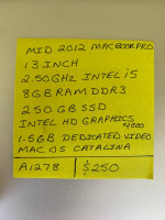 Mid 2012 Macbook i5 8GB Ram, 250GB SSD, and  Catalina OS