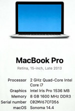 Apple MacBook Pro Retina 15.4” QuadCore i7-4960HQ 2GHz 8GB 256GB SSD Sonoma A1