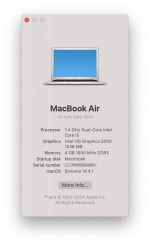2014 13" MacBook Air, 4GB RAM, 256GB storage, macOS Sonoma
