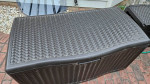Outdoor Patio Furniture Set Brown with Table Tan Cushions and Storage.