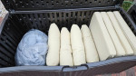 Outdoor Patio Furniture Set Brown with Table Tan Cushions and Storage.
