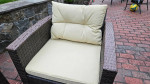Outdoor Patio Furniture Set Brown with Table Tan Cushions and Storage.