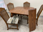 Kitchen Table 49” W  + 2- 10” Leafs, 4 Wicker Dining Chairs 20.5”