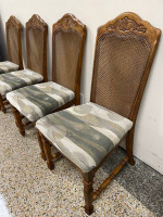 Kitchen Table 49” W  + 2- 10” Leafs, 4 Wicker Dining Chairs 20.5”
