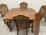 Kitchen Table 49” W  + 2- 10” Leafs, 4 Wicker Dining Chairs 20.5”