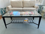 Metal frame glass top coffee table and end table with picture frame holder