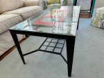 Metal frame glass top coffee table and end table with picture frame holder