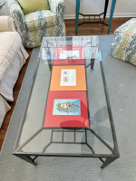 Metal frame glass top coffee table and end table with picture frame holder