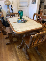 Antique Ceramic Top Dining table w Bench and 3 Chairs