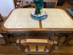 Antique Ceramic Top Dining table w Bench and 3 Chairs