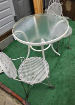 3pc. outdoor bistro table chair white metal glass top garden patio porch balcony