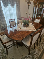 9pc solid lacquer wood dining table extendable chair china cabinet credenza serv