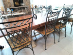 Large Dining Set - long wood table w/ protective plastic top, leaves,