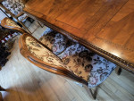Carved wood formal dining table with  marquetry, double pedestal base