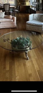 Rare Moroccan Brazier glass and brass coffee table with overhead lamp