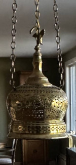 Rare Moroccan Brazier glass and brass coffee table with overhead lamp