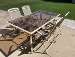 Outdoor Patio Table, Chairs, Umbrella Stand