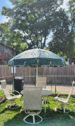 Homecrest Patio Table, Swivel Rocking Chairs & Umbrella w Base........