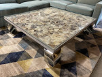 Shell Coffee Table, Glass Top, Ming Stainless Steel Legs