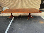 Hekman Furniture Flame Mahogany Inlaid Dining Table with 2 Leaves.