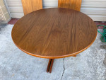 Mid Century Danish Teak Round Dining Table with 2 Leaves.by Karl Erik