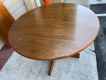 Mid Century Danish Teak Round Dining Table with 2 Leaves.by Karl Erik