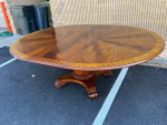 Henredon Flame Mahogany Marquetry Inlaid Round Dining Table with Leaf