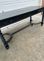 SOLID WOOD LARGE BLACK THREE DRAWER DESK / TABLE & MATCHING CHAIR - EXCELLENT CO
