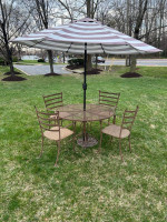 Beautiful Wrought Iron Patio Set Table, 4 Chairs, Umbrella, Stand **