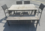 Wood/Metal Patio Set Table, Bench and 4 Chairs