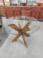 Round Glass Top Dining Table with X Shaped Wood Base #302-18