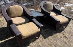 Barrel Back Patio Lounge Chairs, Ottomans, Table and Cushions