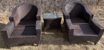 Barrel Back Patio Lounge Chairs, Ottomans, Table and Cushions