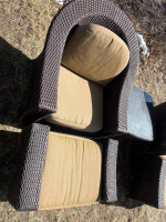 Barrel Back Patio Lounge Chairs, Ottomans, Table and Cushions