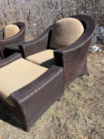 Barrel Back Patio Lounge Chairs, Ottomans, Table and Cushions