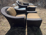 Barrel Back Patio Lounge Chairs, Ottomans, Table and Cushions