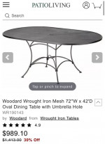 Woodard Wrought Iron Mesh Oval Dining Table with Umbrella Hole