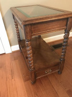 All Wood Rectangular Side Table with beveled glass top and drawer