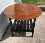 BASSETT inlaid wood TABLE top on newly made wood base 30” tall dining
