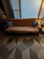Fold out couch /bed with Futon and glass bamboo base table