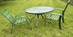 Outdoor round green glass table with 2 chairs