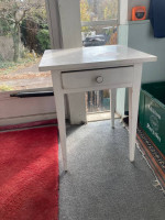 Small white wood wooden side table, table with drawer. Good condition.