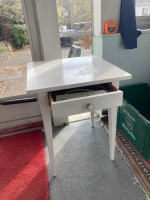 Small white wood wooden side table, table with drawer. Good condition.