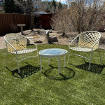Mid Century Pair of Brown Jordan Kantan Garden Patio Chairs Chat Set with Table